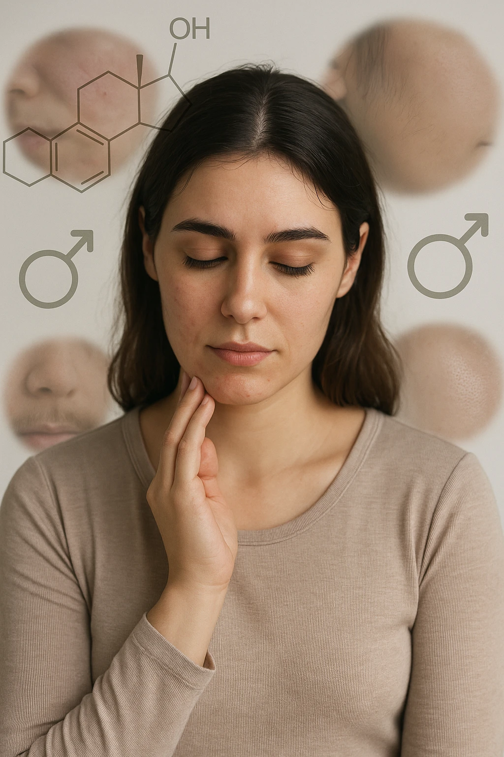 A young woman is surrounded by faint overlays of hormonal symbols and androgen molecules, with shadowy images of acne, facial hair, and oily skin projected around her, symbolizing the symptoms of PCOS with androgen excess. She looks down, gently touching her face with a resigned but hopeful expression, symbolizing her journey toward managing these symptoms. in italiano emoji