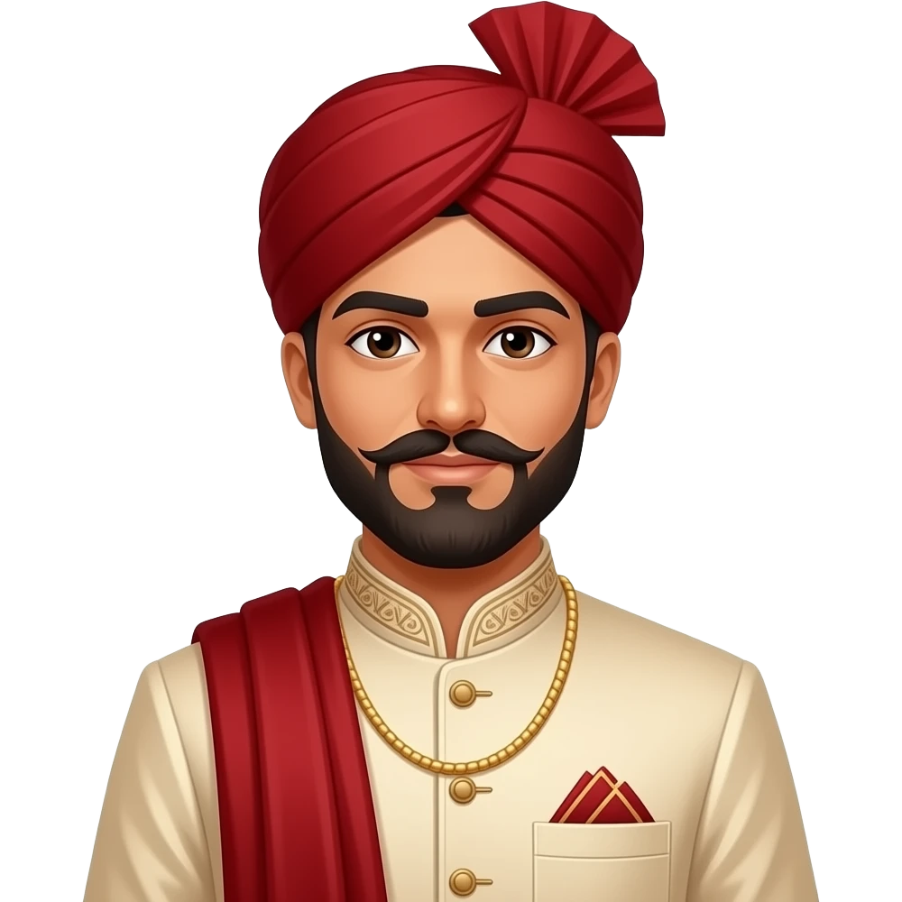 A south Asian Pakistani groom with a long beard and not curly moustache and cream sherwani. The headwear and shawl should be red emoji
