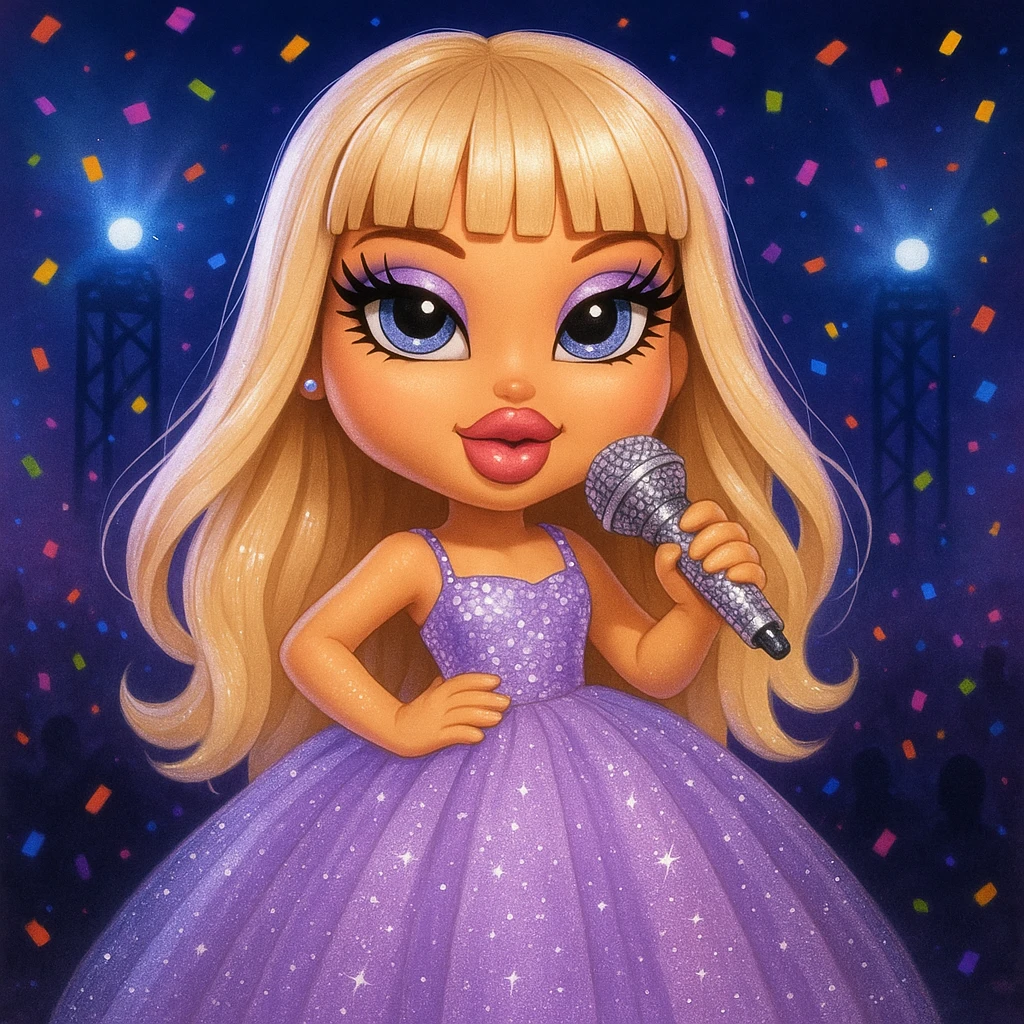 Pretty and girly Blonde pop star with bangs wearing a sparkly tulle light purple ballgown, holding a bedazzled microphone, reimagined as a cute Bratz doll, with a nighttime concert backdrop with colorful confetti emoji