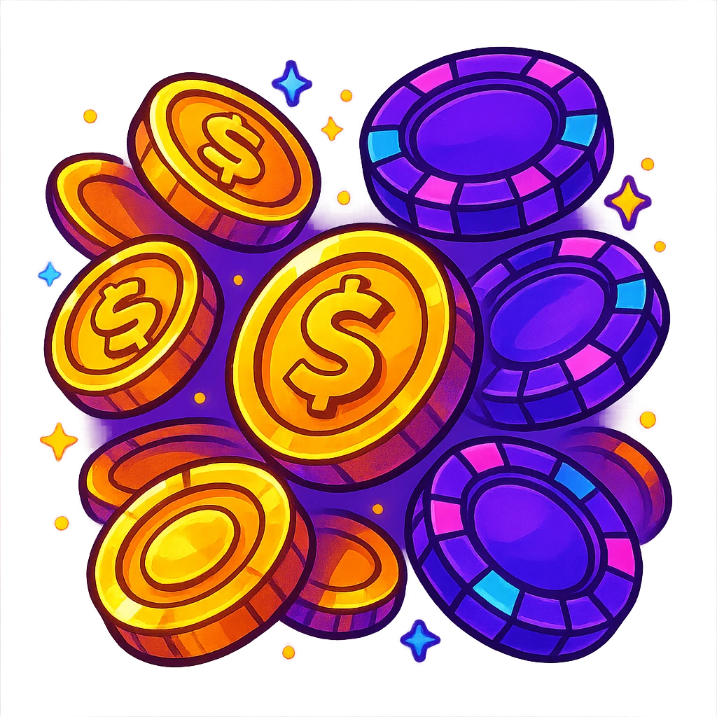 golden coins and casino chips, Twitch style, vibrant colors, digital art style emoji
