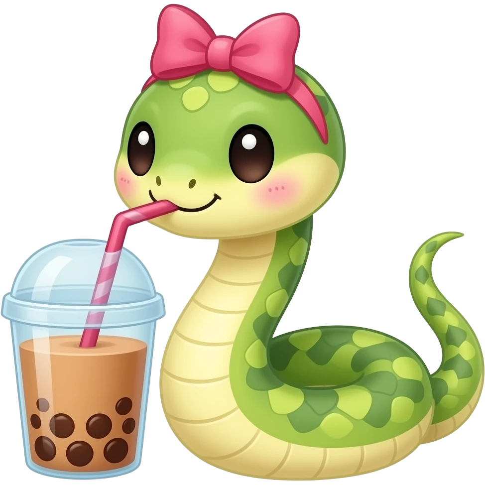 cute snake with a bow on top drinking bubble milk tea 🧋 emoji