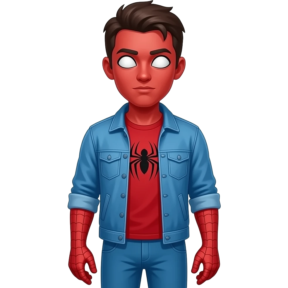 A red guy that has white eyes and triangle shaped eyes blue pants red gloves blue jacket and red T-shirt with a spider logo and no mouth emoji