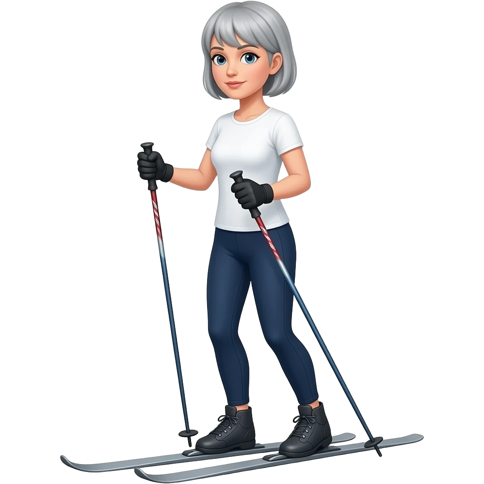 more simple emoji, woman with grey bob haircut nordic walking, pole in each hand, whole body view side view, "NO SKIS", wearing white t-shirt and navy leggings emoji