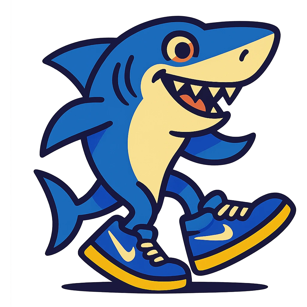 a shark wearing blue Nike shoes, vibrant and playful style emoji