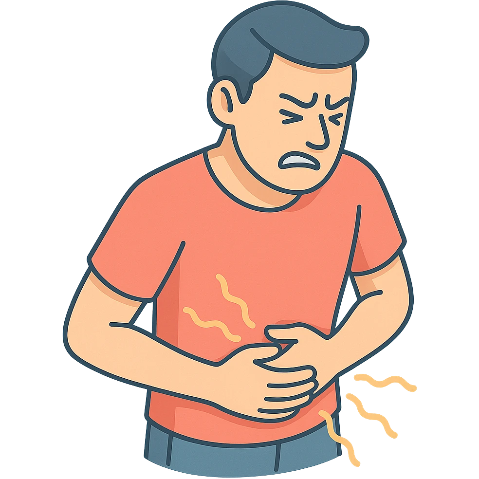 A very detailed 2D isometric style illustration of a person (patient) with a stomach ache, shown from the waist up in a close-up. The person is holding their stomach and grimacing in pain, with pain waves radiating from the stomach area similar to the fourth variant in the references. The style features soft rounded shapes, shadows and highlights, clean contours, and a pastel color palette. The illustration is modern and has a transparent background. emoji