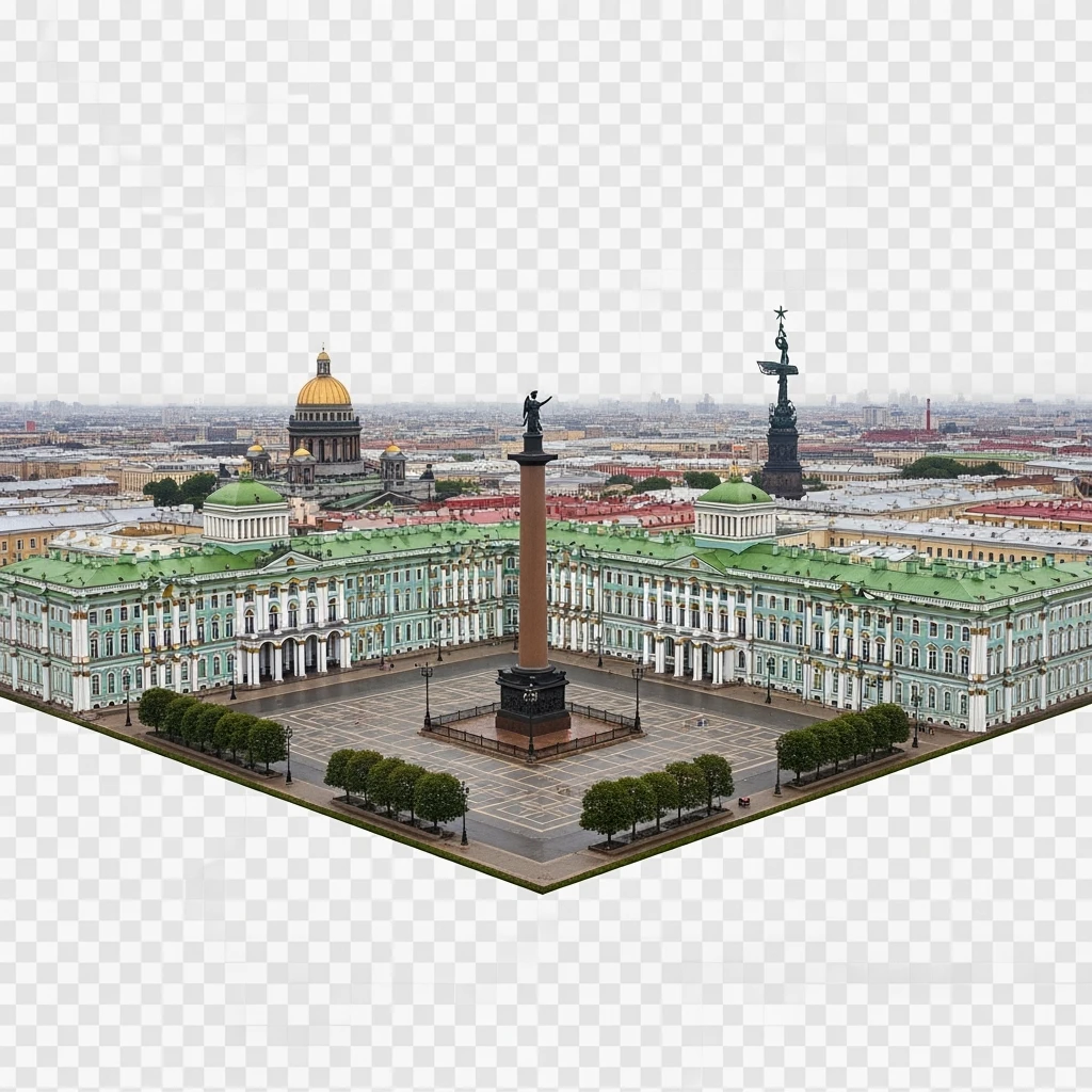 Изометрическая модель в центре композиции Зимний дворец Санкт-Петербурга с Дворцовой площадью и Александрийский столп, фотореалистичный Исаакиевский собор, памятник Петру I, Адмиралтейство, здание Сената баланс между стилизацией и реализмом, эффект рисованной миниатюры Tift shift, прозрачный фон. emoji