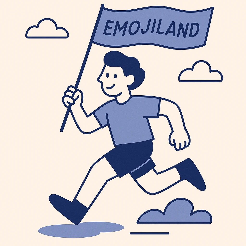 happy runner waving a flag that says 'emojiland' emoji