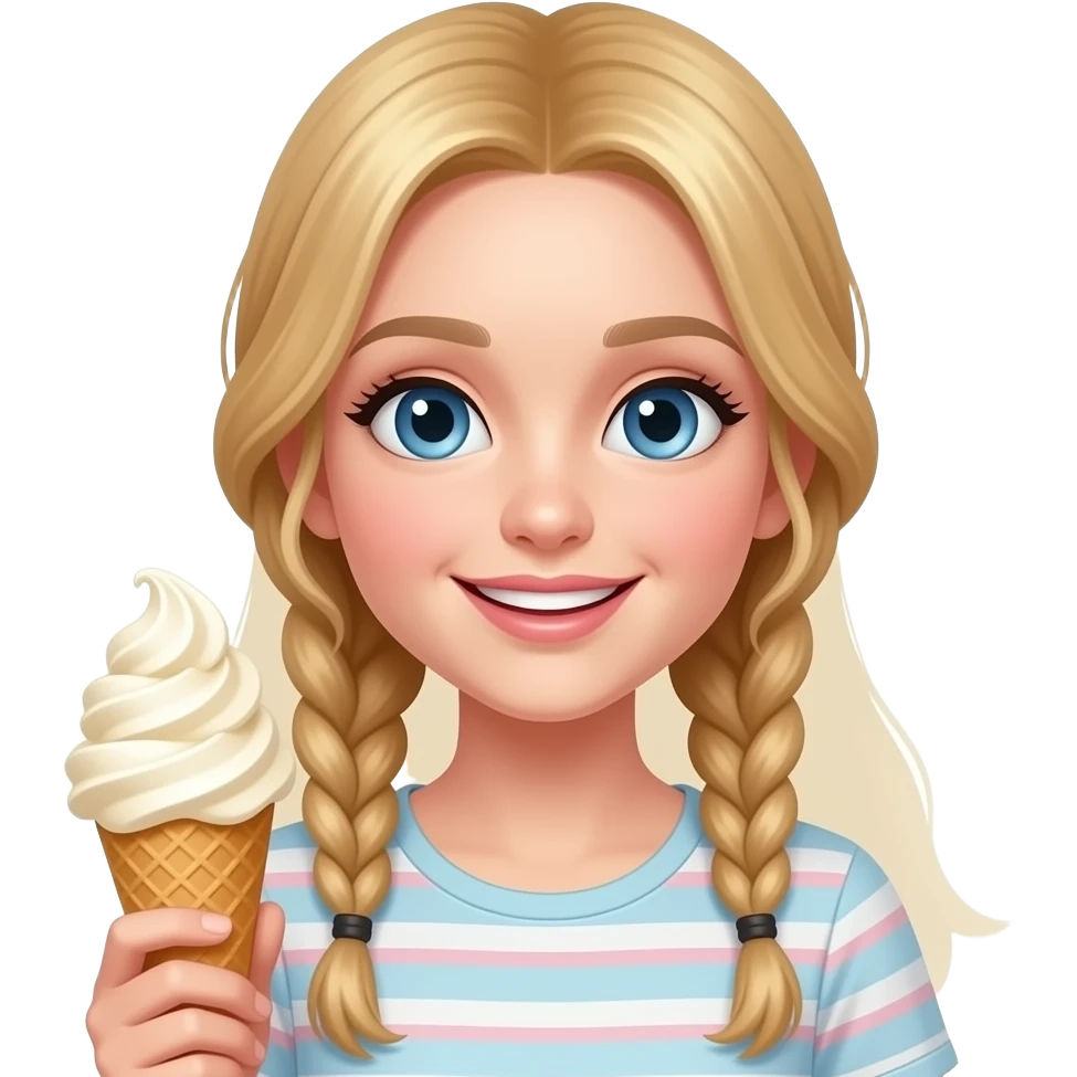 Blond girl med braids and blue eyes. She is eating an icecream emoji