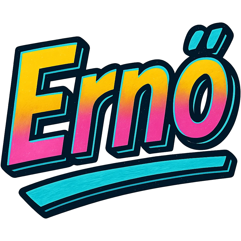 Ernő name in modern colorful gradient font with dark outline, dynamic slanted or partial underline, transparent background, in the style of reference patterns emoji