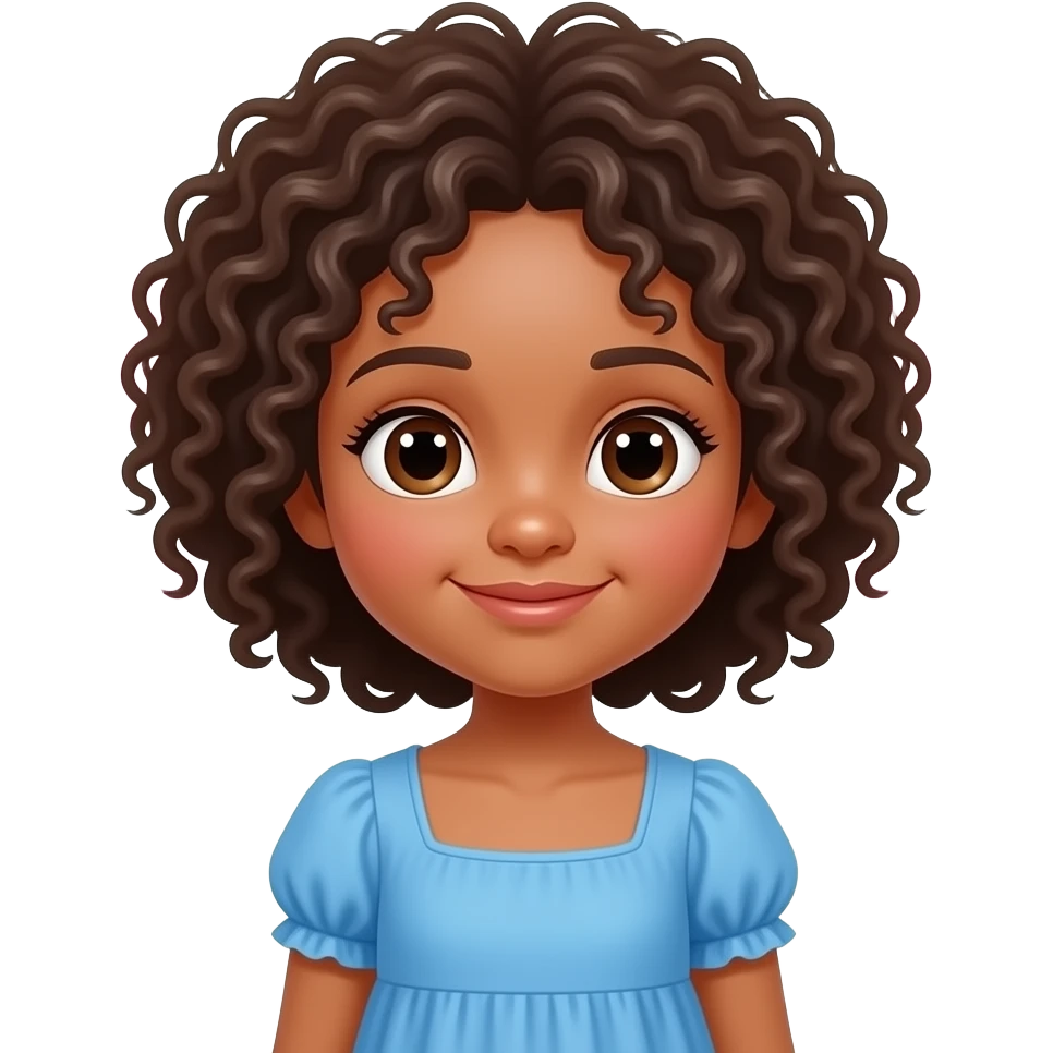 Menina  mais emoji cabelo andulado é  GRANDE  roupa azul  vestido e olho marrom e  criança e as boxes rosa claro emoji