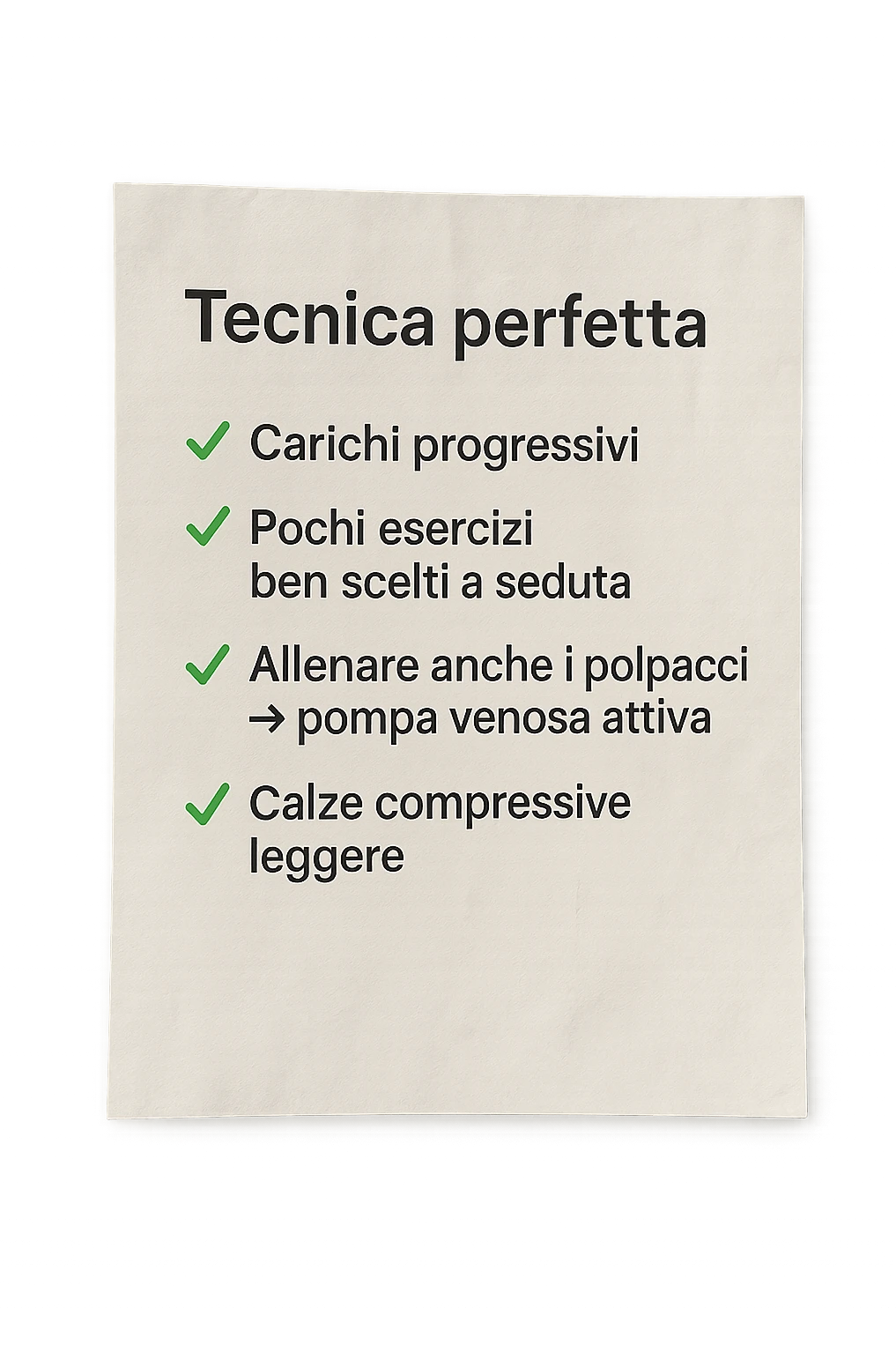 FOGLIO DI CARTA PER L'ALLENAMENTO IN PALESTRA CON LA SCRITTA "Tecnica perfetta
 ✅ Carichi progressivi
 ✅ Pochi esercizi ben scelti a seduta
 ✅ Allenare anche i polpacci → pompa venosa attiva
 ✅ Calze compressive leggere" , IPERREALISTICA 4K emoji