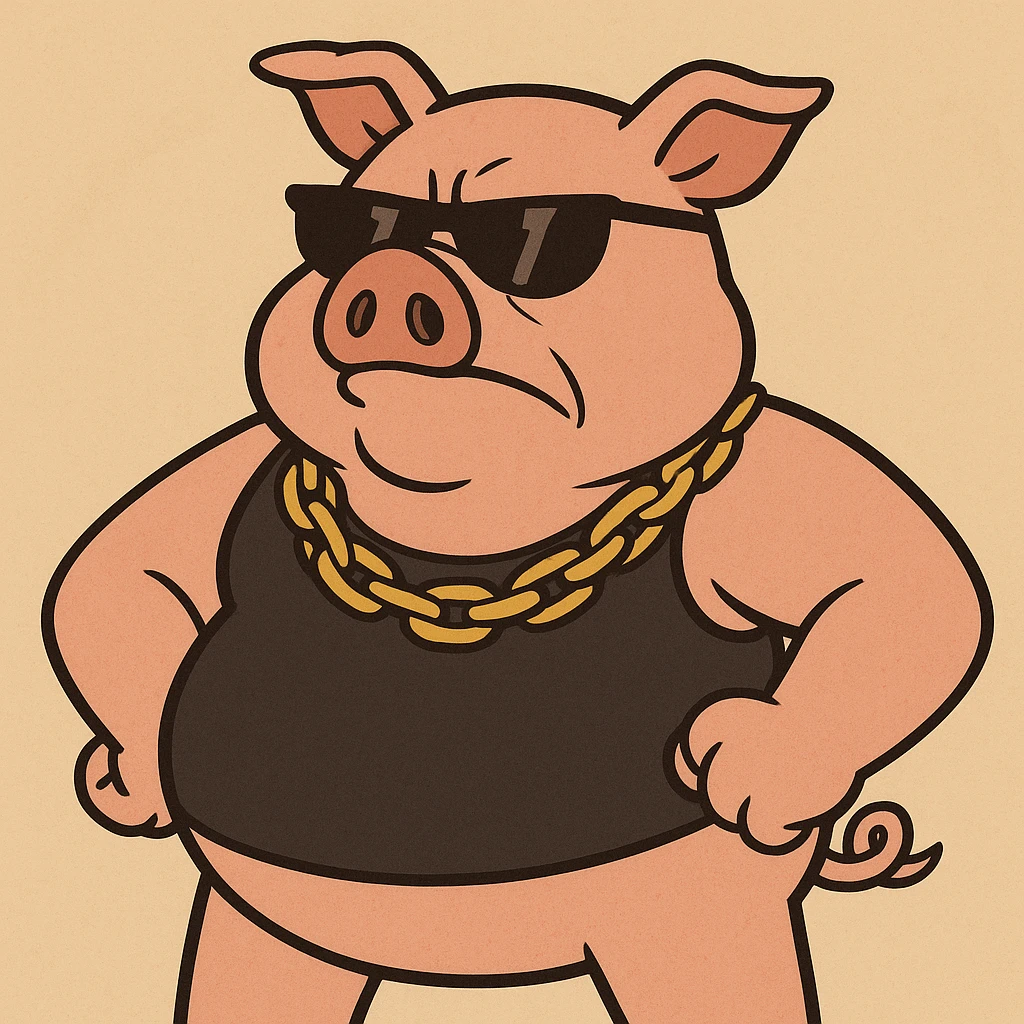 boss hog piggy, tough pig with sunglasses, gold chain, confident stance, cartoon style emoji