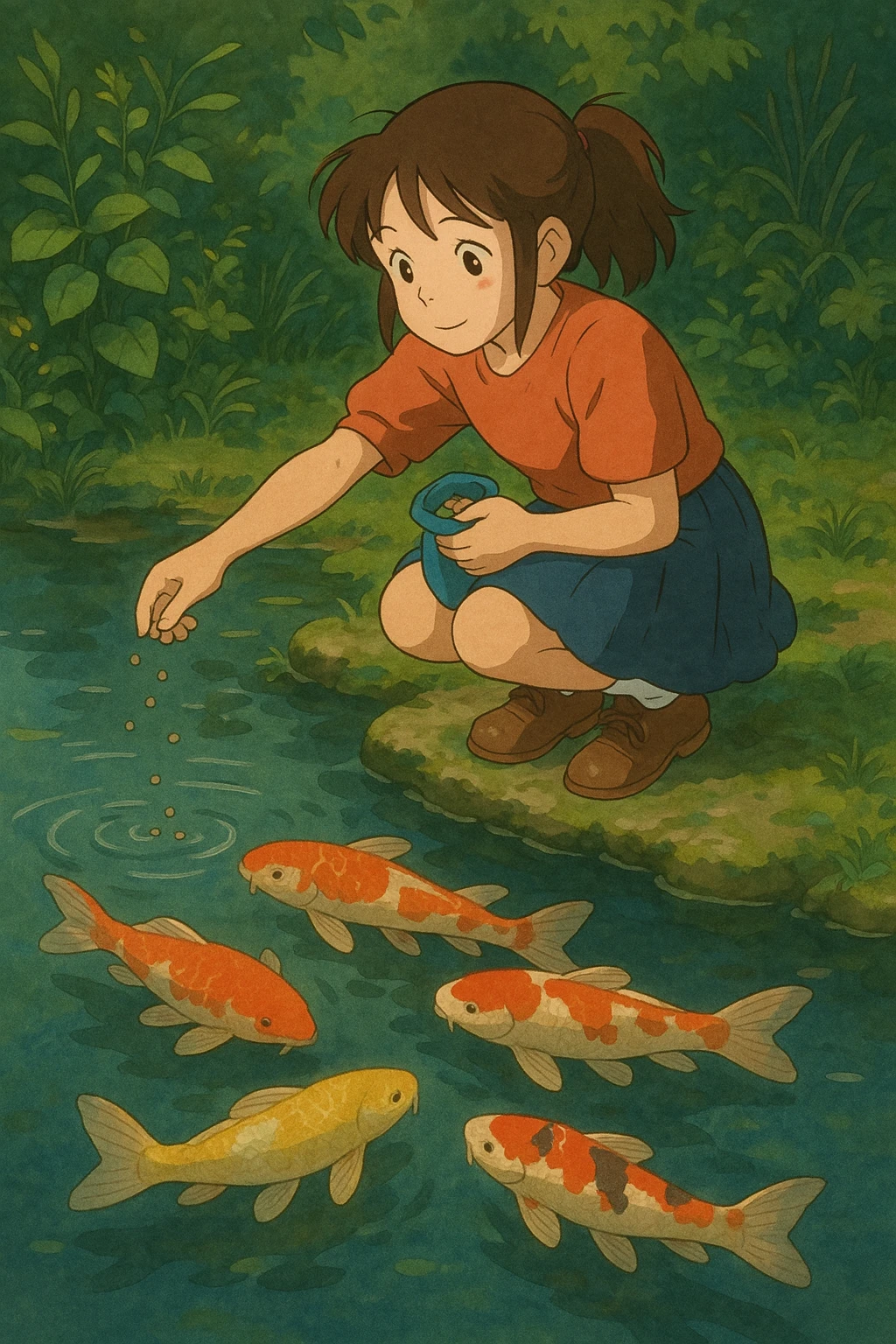 girl feeding koi fish in a pond emoji