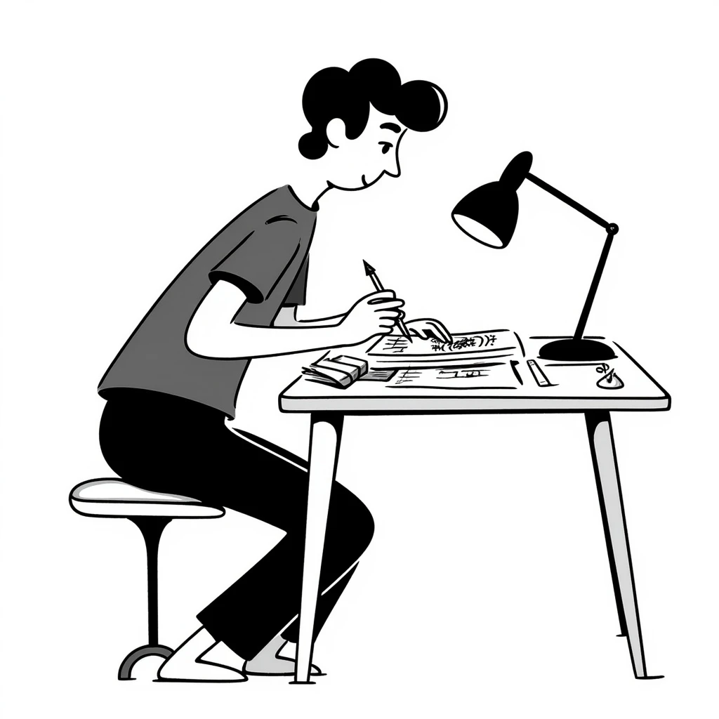 Edit the stick figure to be working on his designs, keep the same hand drawn doodle style. emoji