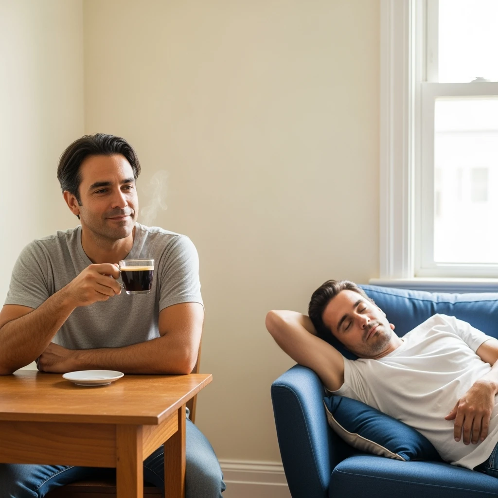Uomo adulto in abiti casual in un ambiente domestico o ufficio tranquillo, mentre beve un caffè espresso con espressione consapevole. Subito dopo, si sdraia su un divano per un breve riposo di 20 minuti, occhi chiusi, posizione rilassata.  emoji