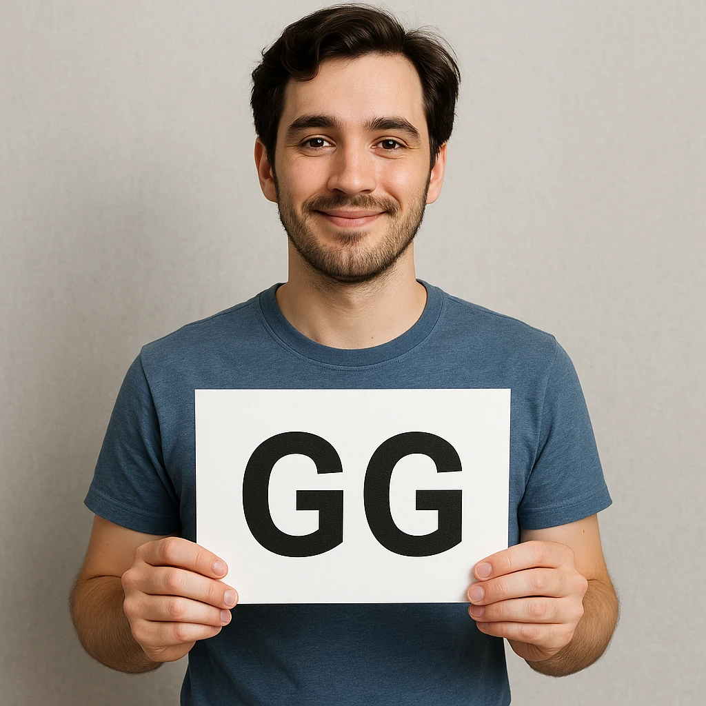 The person in the image is holding the GG sign with both hands in front of them, the person remains the same. emoji