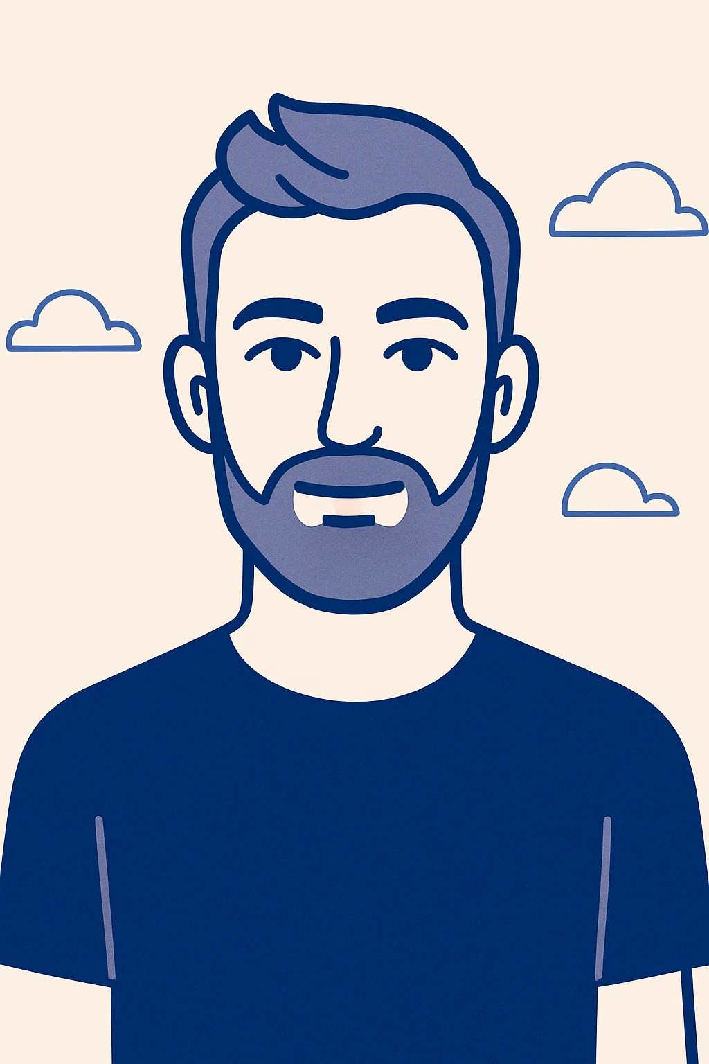 man with short light brown hair styled upward, beard and mustache, fair skin, large blue eyes, neutral facial expression, wearing black shirt, modern flat vector style emoji