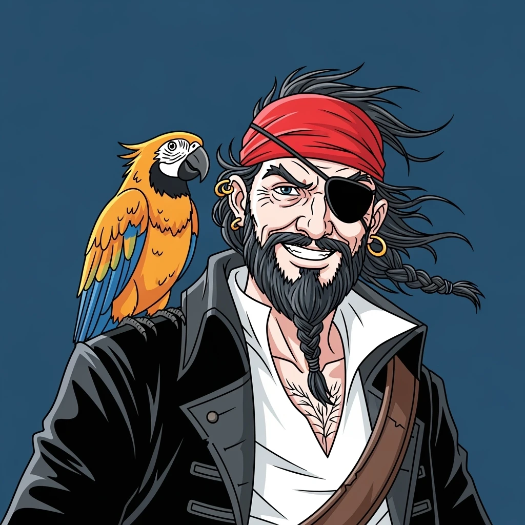 color vector art with thin outline of pirate with eye patch and parrot on shoulder emoji