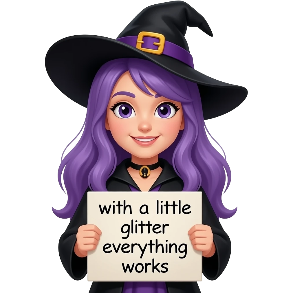 girl with long purple hair wearing a halloween costume holding a MIT EIN BISSCHEN GLITZER GEHT ALLES sign emoji