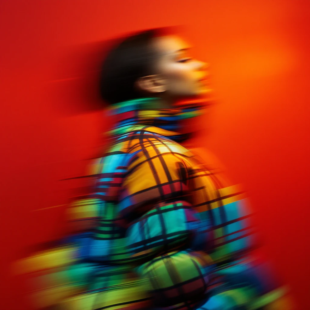 Medium shot, "Echo print effect" motion blur, Photo of a woman dress in abstract (black orange green and blue) grid puffer Louis Vuitton jacket, red solid background, express body, spot light with hard light emoji