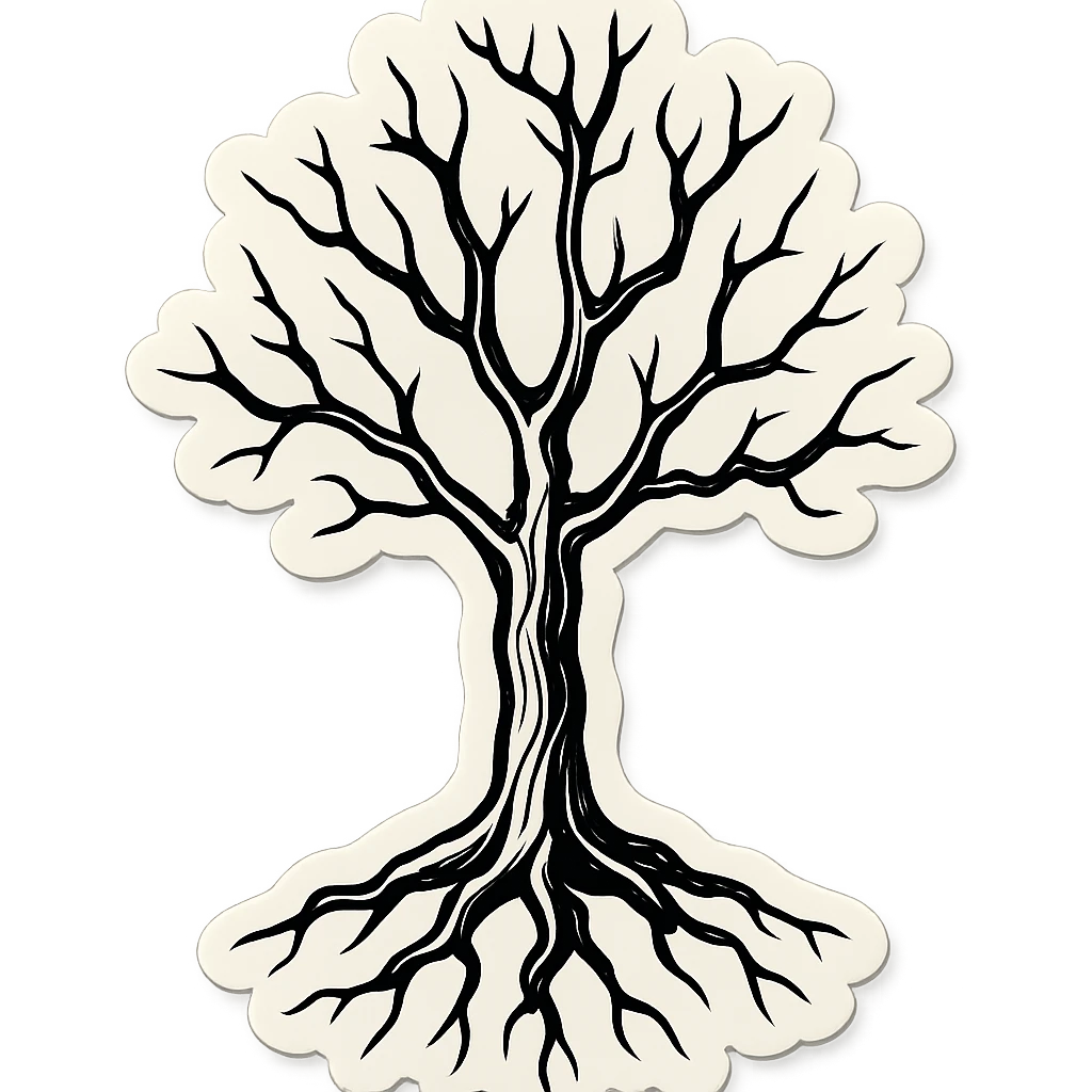 lonely dry tree with roots, contour style, sharp black lines, clear shadows and highlights, no gradients, retro stickers style emoji