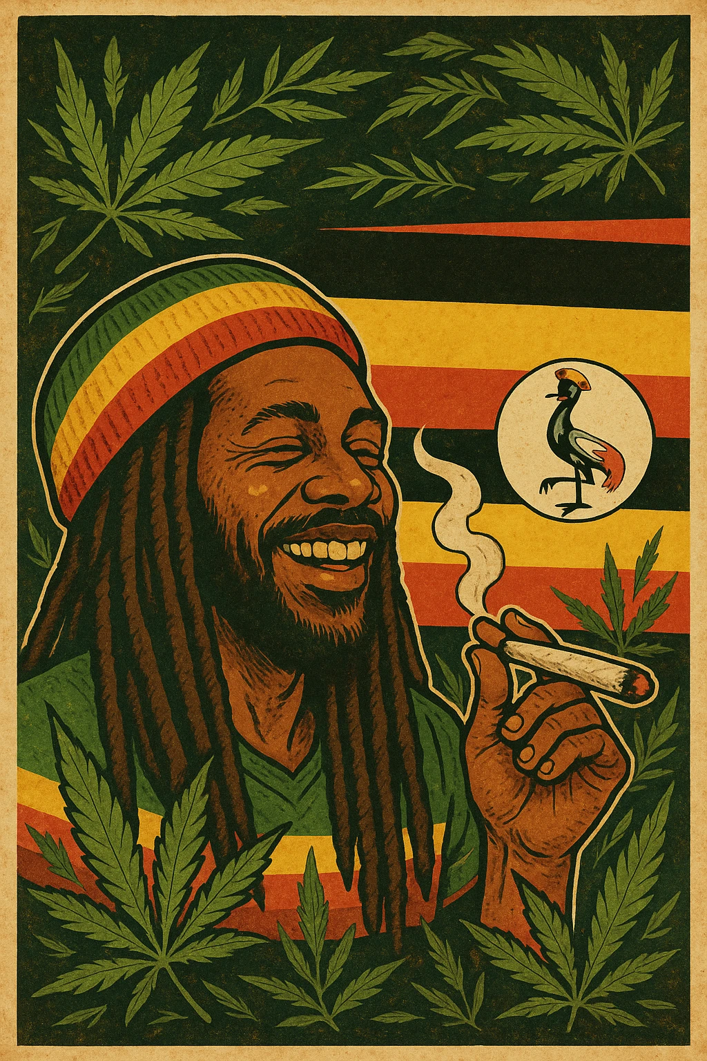 “A digital vintage-style poster illustration of a smiling Ugandan Rasta man with long dreadlocks, wearing a red, yellow, green striped tam hat. He is smoking a herbal spliff. The background features the authentic Uganda flag with accurate black, yellow, and red horizontal stripes, and includes the official grey crowned crane emblem on the right side. Surround the scene with stylized cannabis leaves and Rasta colors to enhance the reggae vibe. Use a warm, textured retro color palette and artistic shading to give it a nostalgic roots feel. The mood should be positive, vibrant, and soulful — honoring Ugandan culture and Rasta lifestyle.” emoji