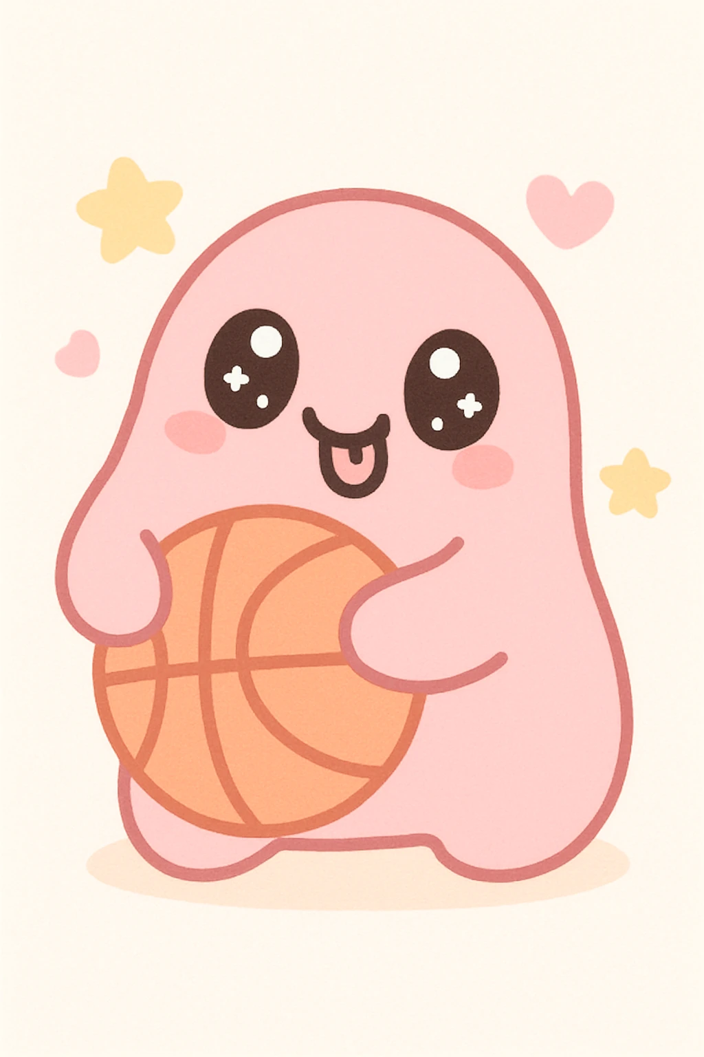 goofy pink creature with a basketball, exaggerated silly face, kawaii style emoji