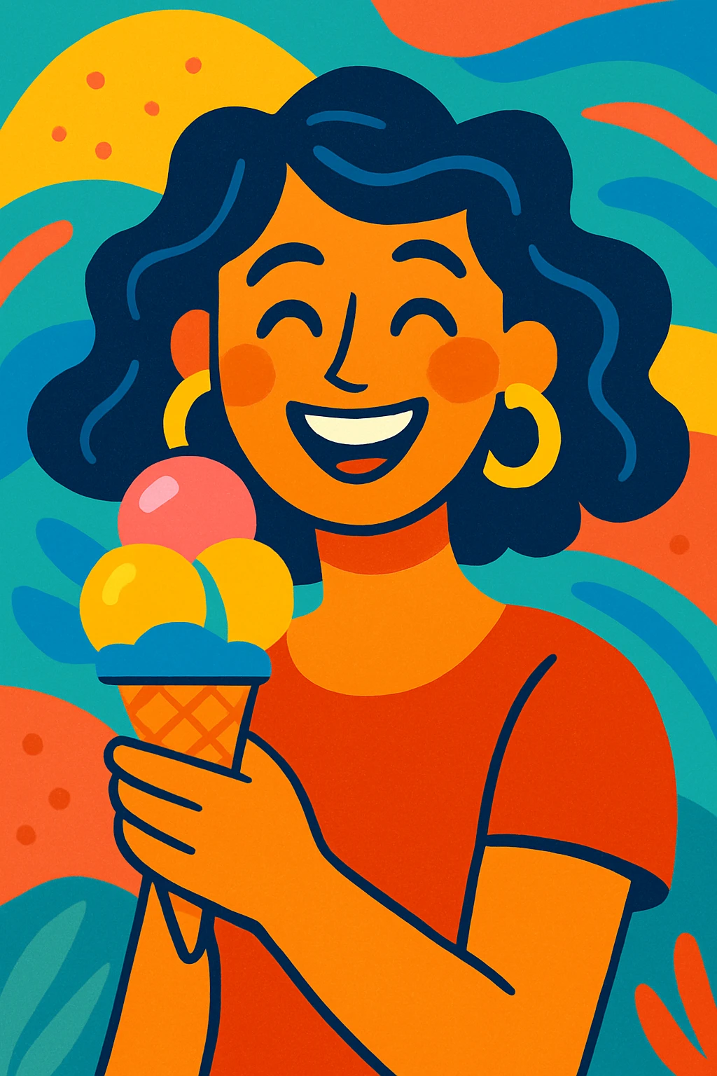 a woman enjoying an ice cream cone, playful and colorful, vibrant toon style illustration emoji