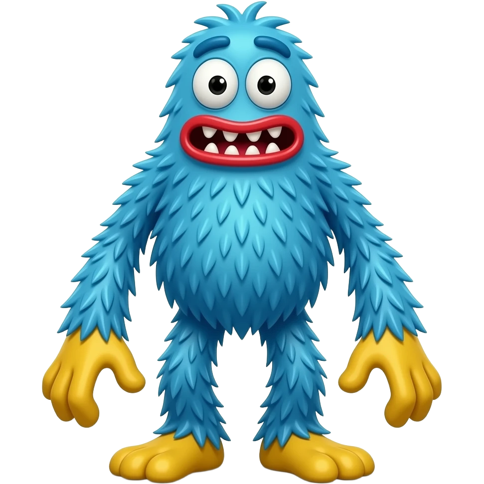 Monstro peludo azul, alto e magro, com rosto triangular invertido, olhos grandes, lábios vermelhos e dentes afiados. Tem mãos e pés grandes amarelos, membros longos, torso visível, pelos azuis desgrenhados em estilo cartoon e expressão assustadoramente divertida. emoji