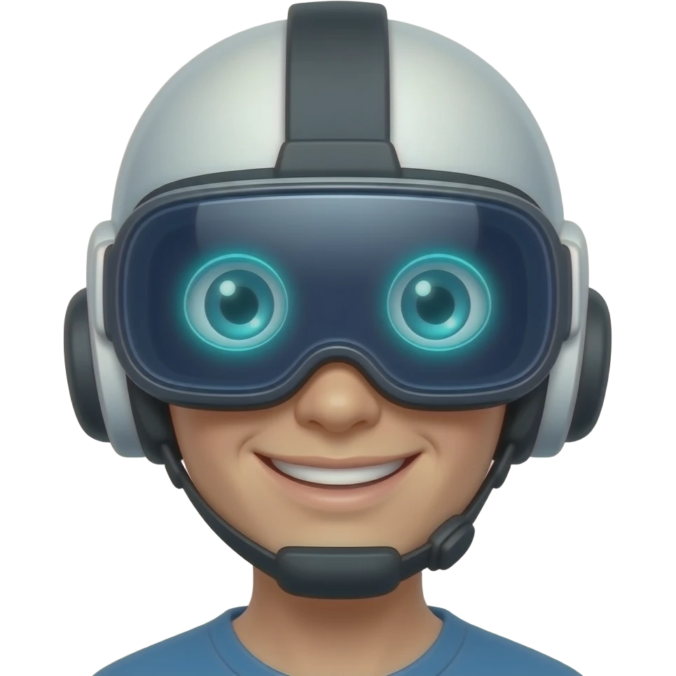 Crea un emoji sonriente, con casco y lentes VR, el casco sea blanco. Los ojos con luces neon y simplemente sonriendo. emoji