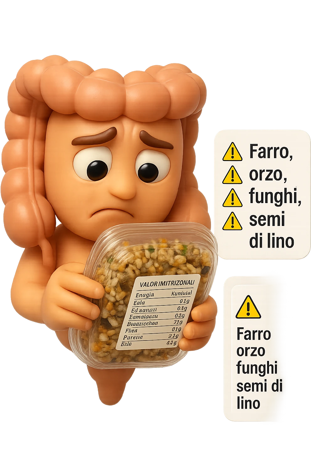SU QUESTO STILE FAI UN EMOJI STILE IPHONE 3D DI UN INTESTINO CHE HA IN MANO UN insalata di farro mista CONFEZIONATa DA SUPERMERCATO E LEGGE L'ETICHETTA NUTRIZIONALE CON GLI INGREDIENTI IN ITALIANO, ACCANTO ALL'insalata CHE HA IN MANO C'è UN FOCUS SULL'ETICHETTA CON GLI INGREDIENTI SCRITTI, "Farro, orzo, funghi, semi di lino" accanto ad ogni nome scritto mettici un segnale di allarme, FAGLI UN ESPRESSIONE CONFUSA MENTRE LEGGE E FALLO MOLTO REALISTICO IN 3D emoji