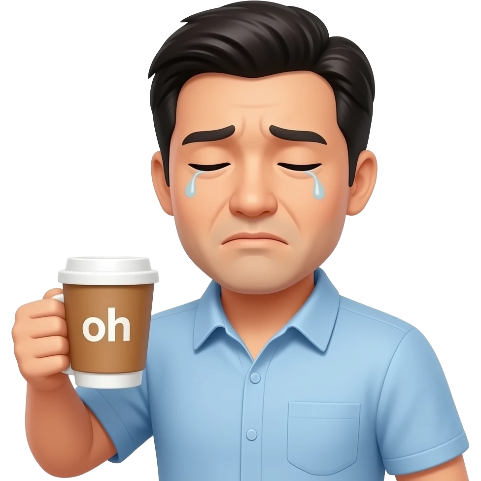 sick asian man holding hot drink, sick face emoji