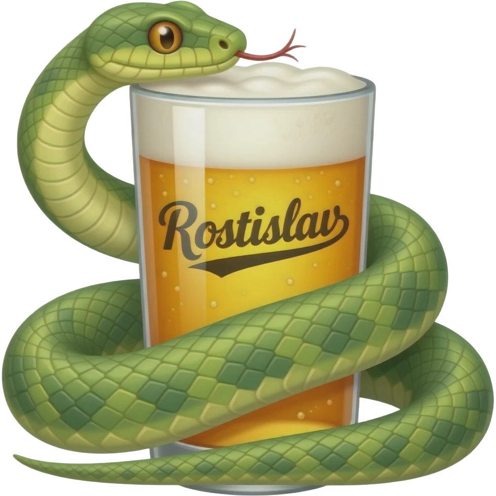 A snake wraps itself around a glass of beer with the inscription Rostislav emoji