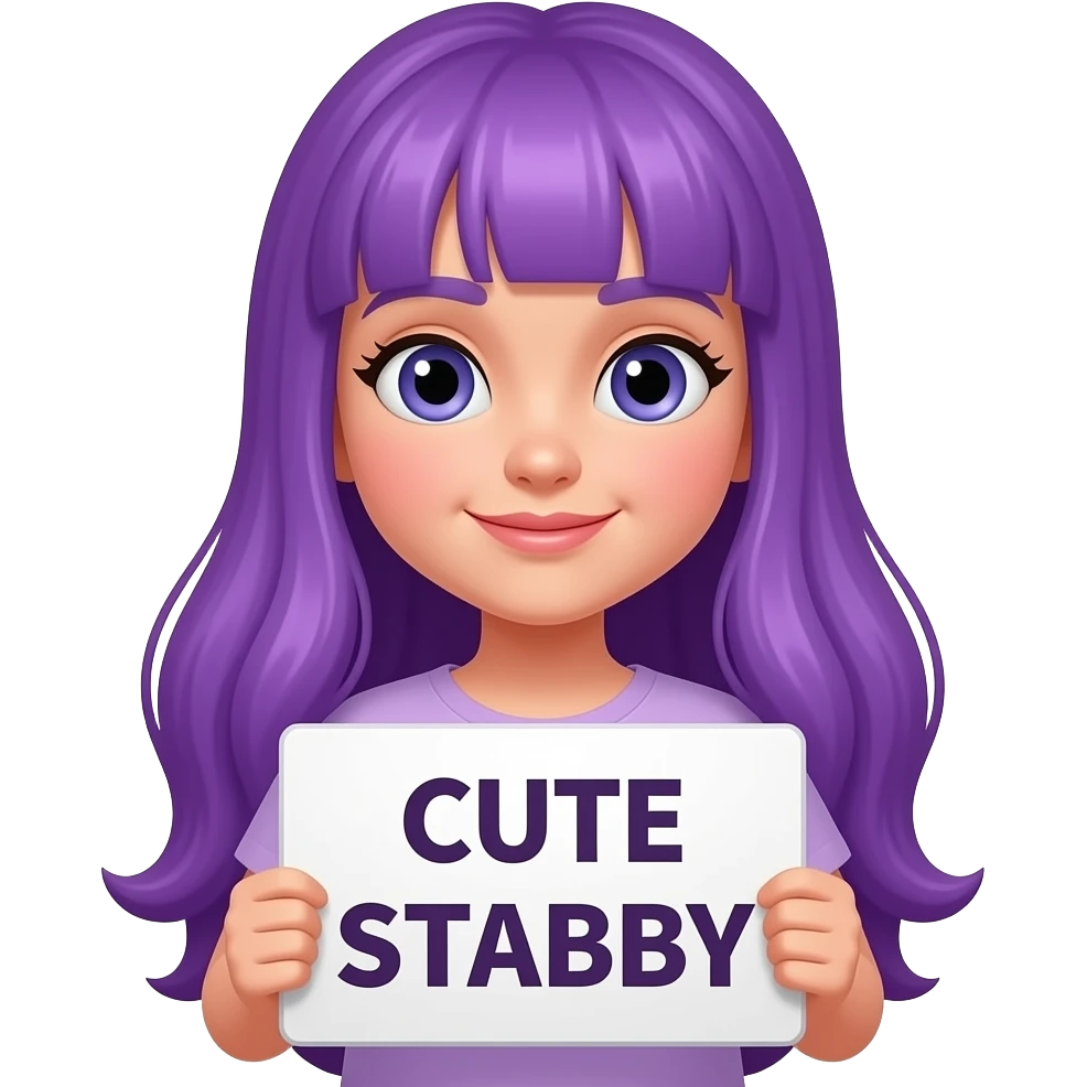 girl with long purple hair holding a CUTE but STABBY sign emoji