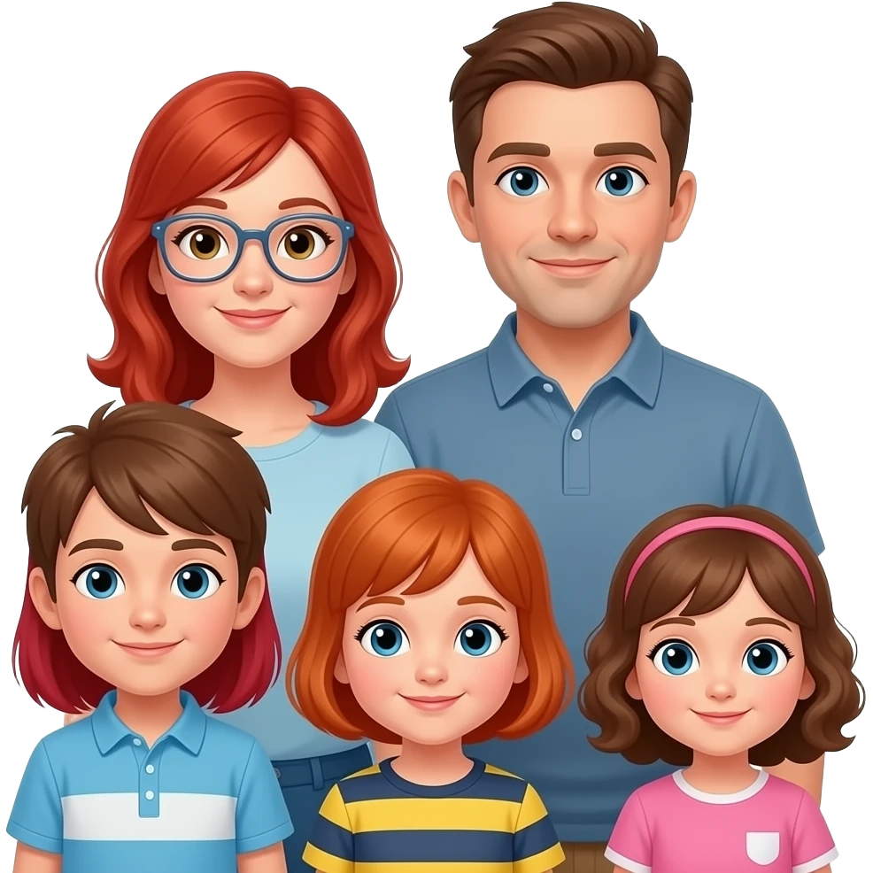a mom dad with 6 kids 4 girls 2 boys and older sister with red hair and clar glasses a 10 year old brother with brown hair a 7 year old sister with red hair a 5 year old brother with red hair a 3 year old sister with short curly red hair and a 1 year old girl with brown hair emoji