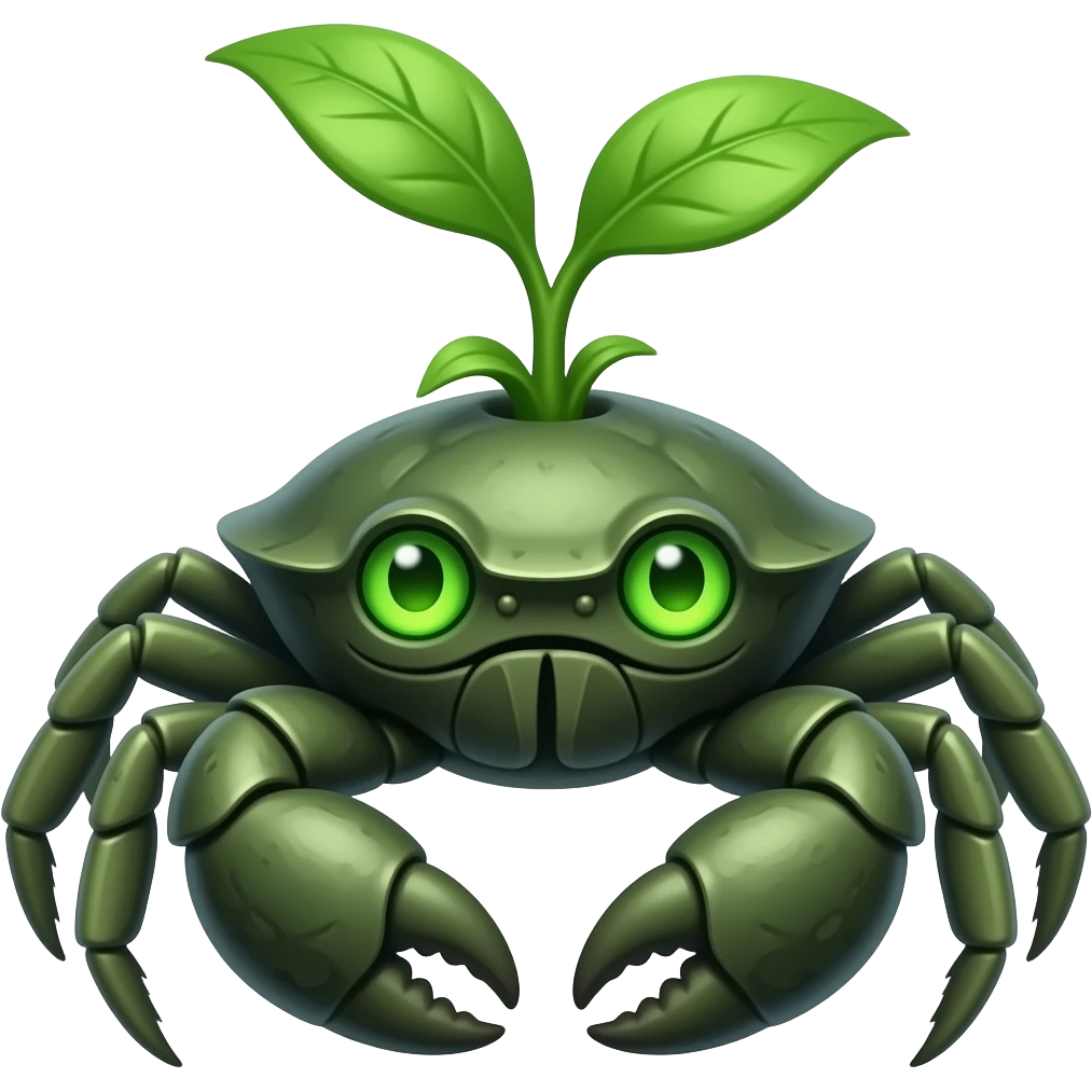 A green crab with a plant growing on its back facing forward with green glowing eyes emoji