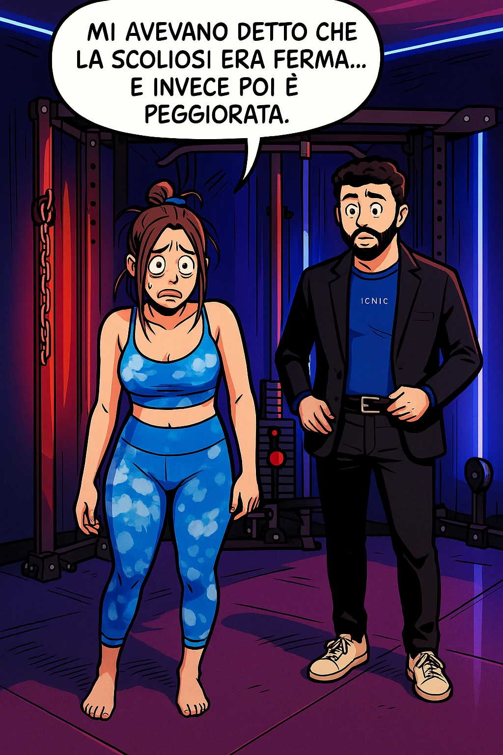 fai questa immagine in versione fumetto/manga/webtoon a colori, il manga mostra la donna disperata con un fumetto sulla testa che dice:
Mi avevano detto che la scoliosi era ferma… e invece poi è peggiorata.
 emoji