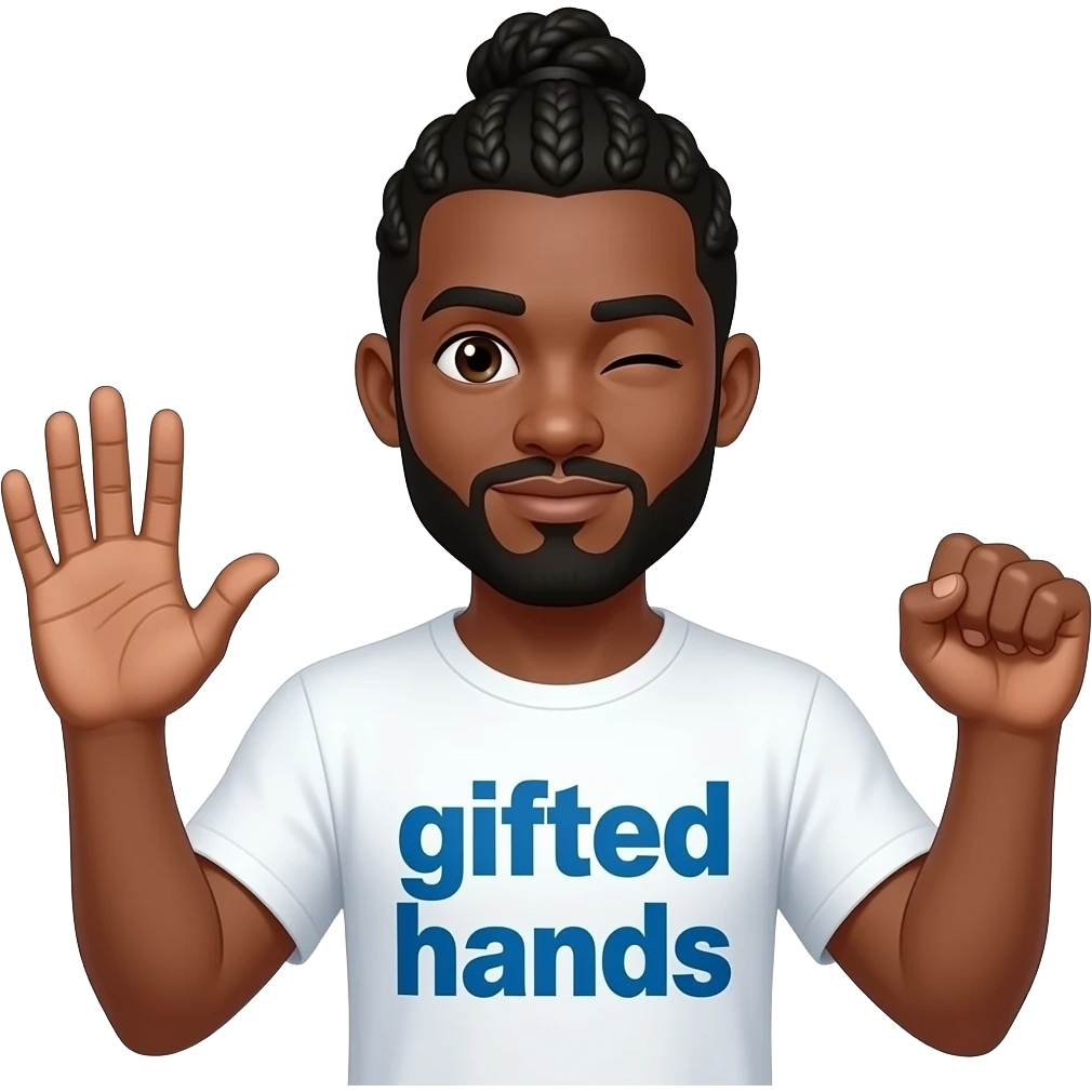 African American man with missing left arm and right arm missing a hand with cornrow braids into a man bun with a lazy eye wearing a white shit that says gifted hands in bold blue letters emoji