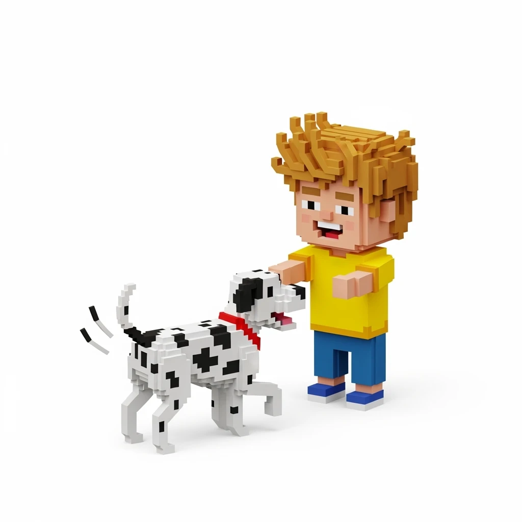 kid and his pet dog in 3d voxel style , white bacground emoji