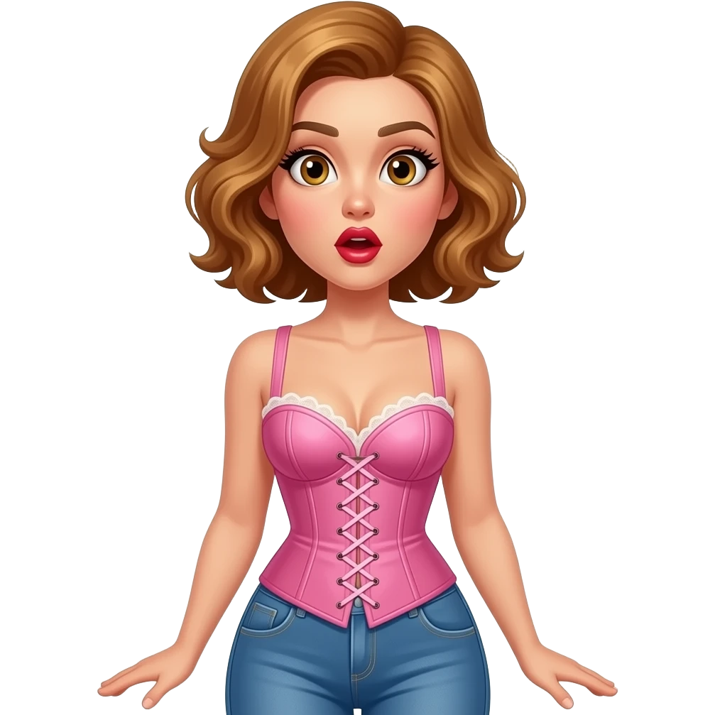 white, very beautiful woman, with big plump red lips, long long lashes, honey wavy short hair, hazel eyes, totally surprised look on face. full body.  Wearing a pink corset & blue jeans emoji