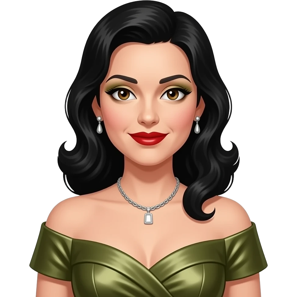 Maxene Andrews from The Andrews Sisters with brown eyes, long black hair, olive eyeshadow, red lipstick, olive metallic off shoulder dress, silver necklace and earrings emoji