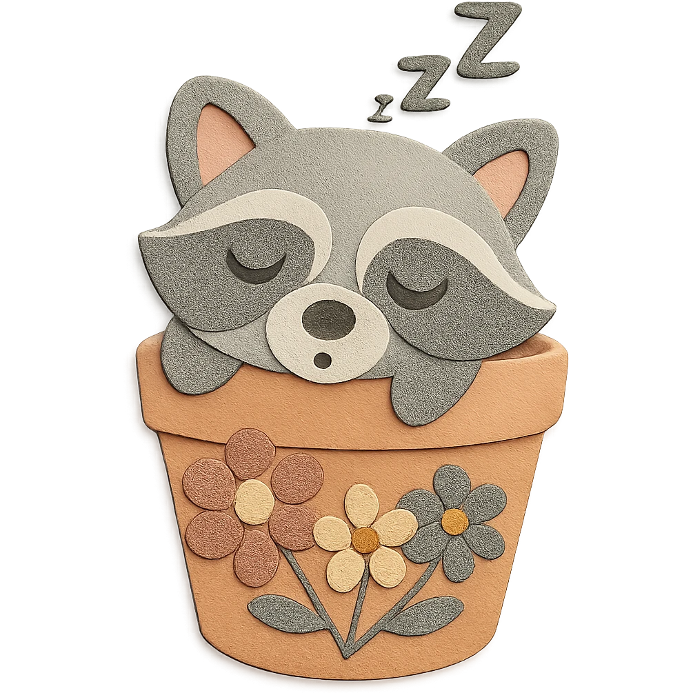 Add some flower designs to the flower pot, keeping the raccoon and pot unchanged. Use pastel earthy colors emoji