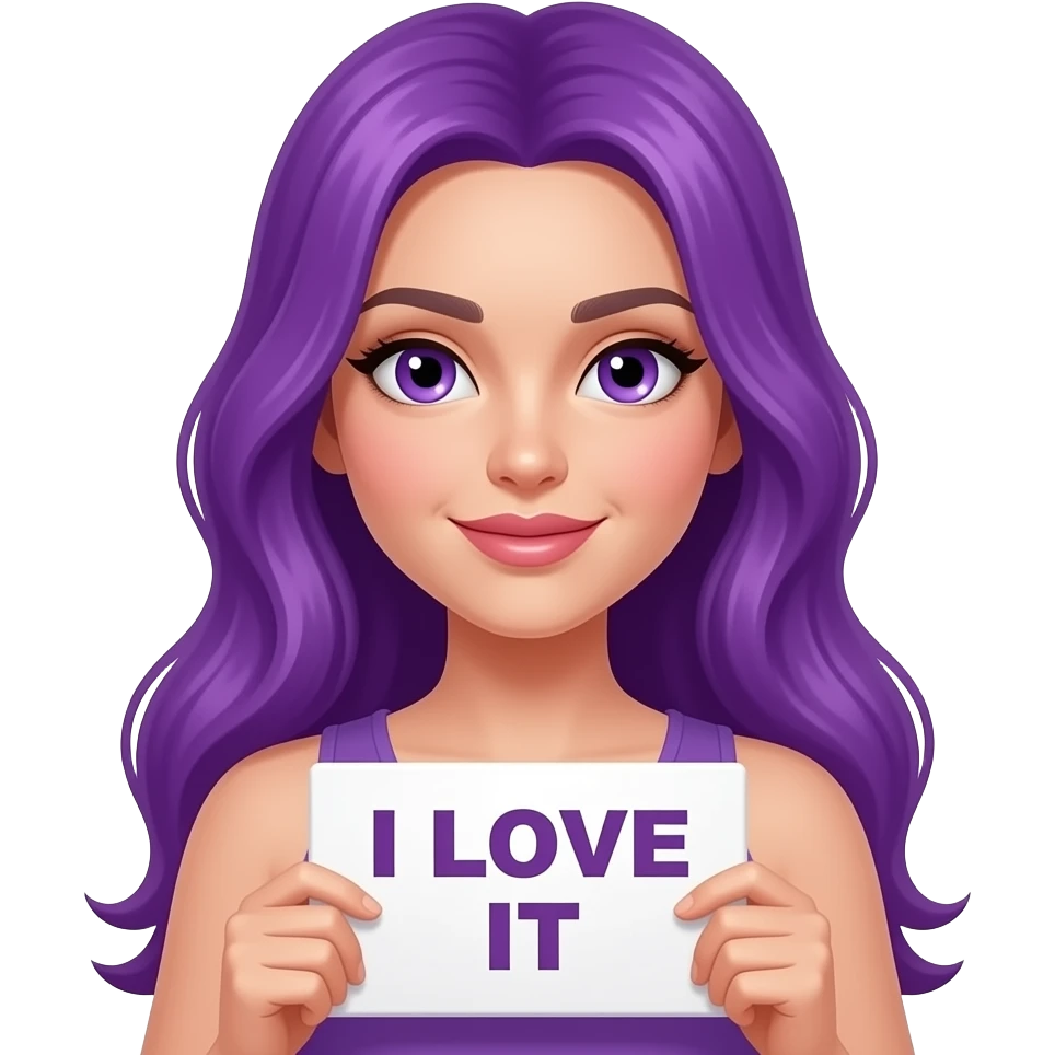 sexy girl with long purple hair and purple eyes holding I LOVE IT sign emoji
