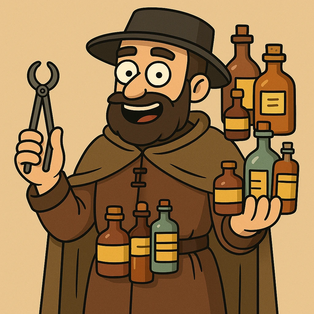 Tudor doctor holding medicine bottles and medical equipment in flat toon cartoon style, simple shapes, bold colors, clean lines, minimal shading emoji