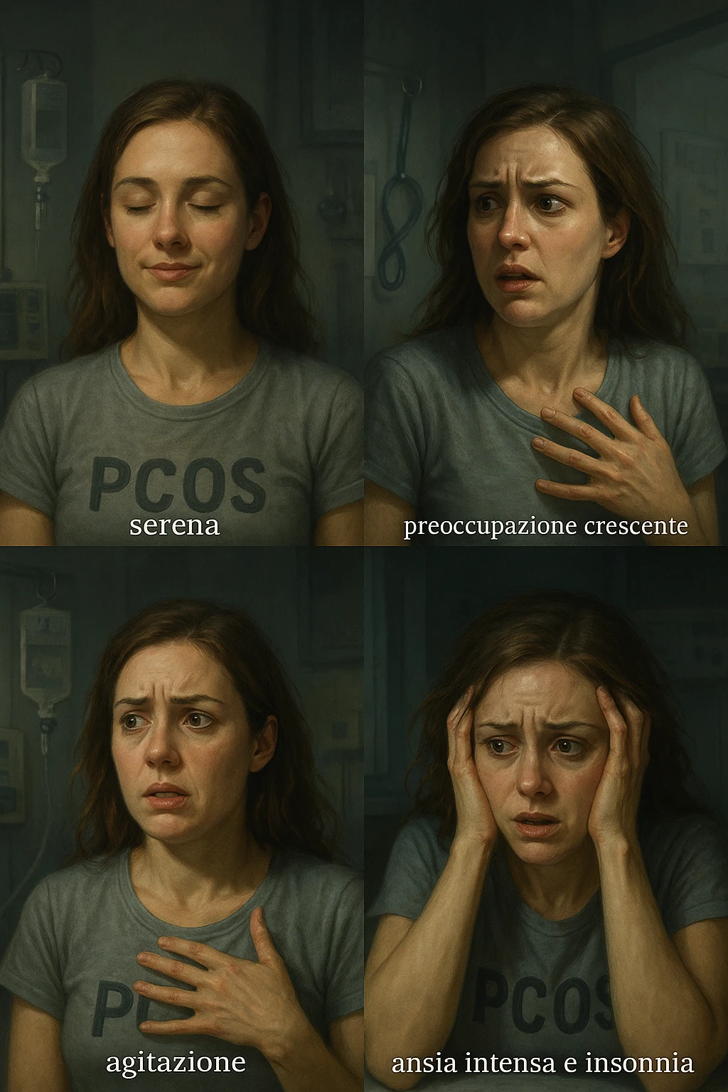 vertical realistic cinematic illustration in Italian showing the progression of anxiety in a woman with PCOS. From left to right: serene expression, growing worry, agitation, to intense anxiety and insomnia. Clinical atmosphere, dramatic lighting, Italian captions, aspect ratio 2:3. emoji