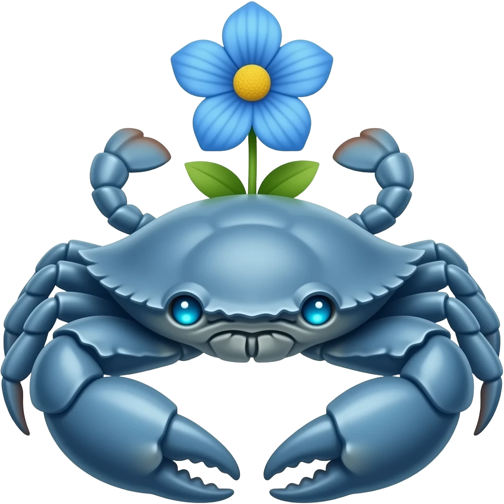 A blue crab with one blue flower a on its growing on its back with glowing blue eyes facing forward emoji
