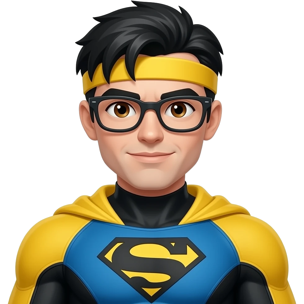 Superhero half body black slick hair brown eyes beige skin superhero glasses yellow headband and yellow/black/blue hero suit, no cape emoji