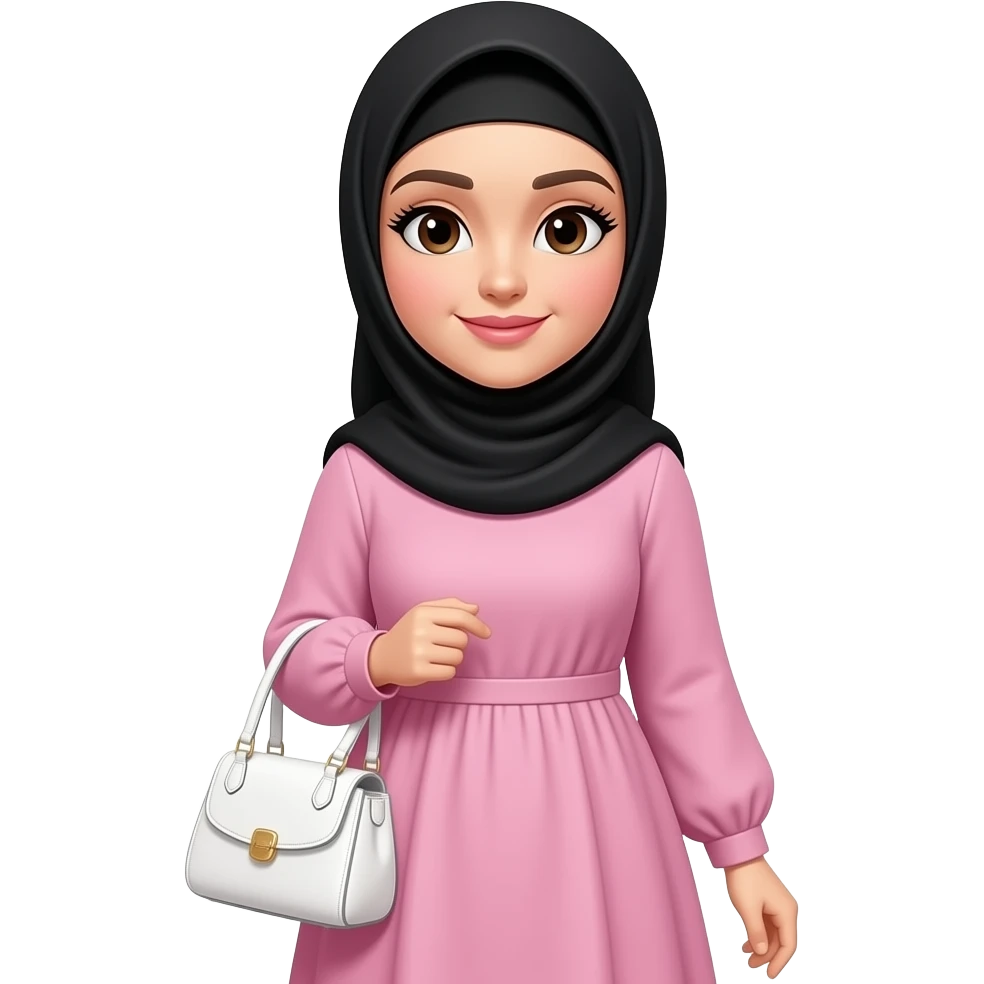 Curvy woman with pink maxi dress long sleeves, wearing a black hijab withblack hair showing at the front, she has white skin and black hair and  brown eyes holds a white purse and has long black eyelashes and her hair is showing at the front of her hijab emoji