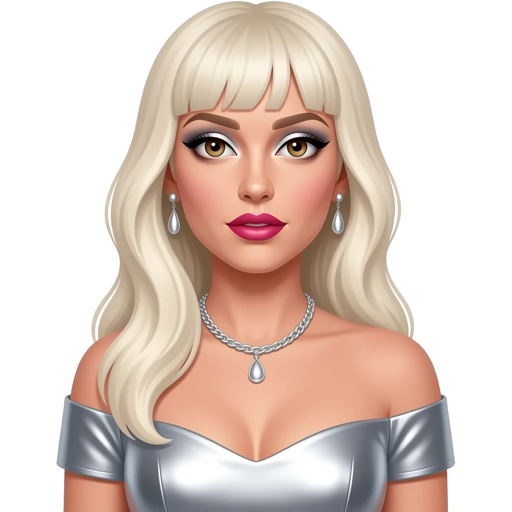 Lady Gaga with hazel eyes, long platinum blonde hair, silver eyeshadow, hot pink lipstick, silver metallic off shoulder dress, silver necklace and earrings emoji