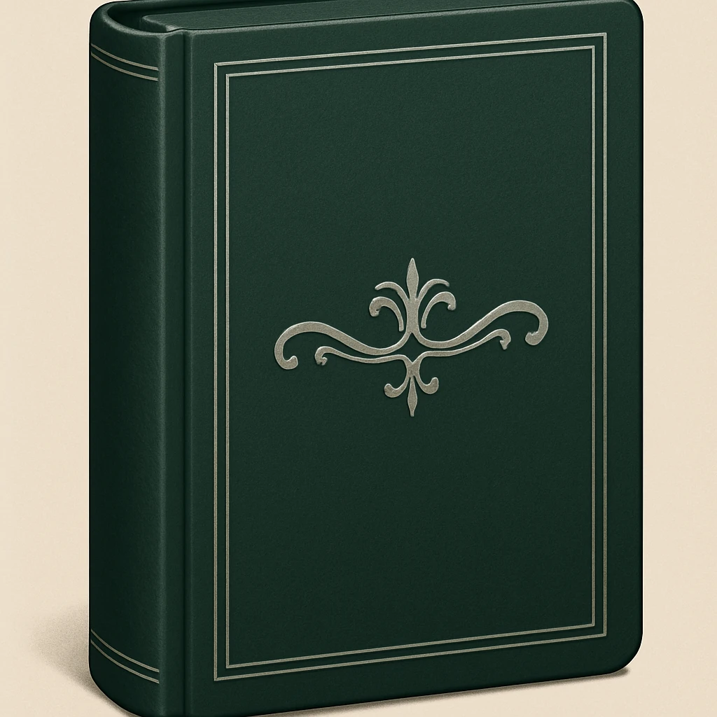 Create an emoji of a classic French book inspired by 'À la recherche du temps perdu' with a dark green cover, silver title, elegant and minimal design, no text. Maintain a classic and refined look. emoji